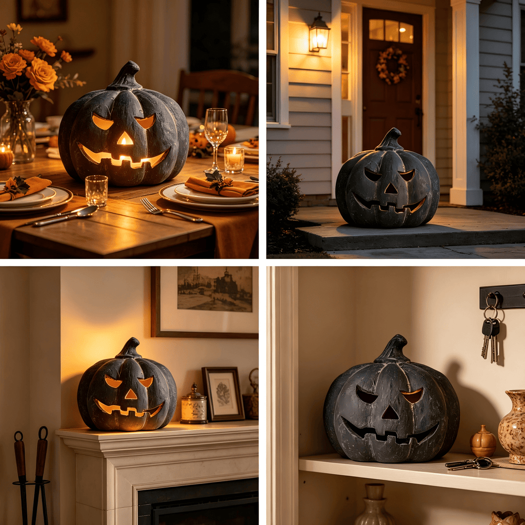 Halloween Decorations - 9.8" Black Handmade Resin Jack O Lantern Pumpkin Fall Decor, Indoor Outside Gothic Festival House Centerpiece Decoration for Table Garden Living Room Mantel