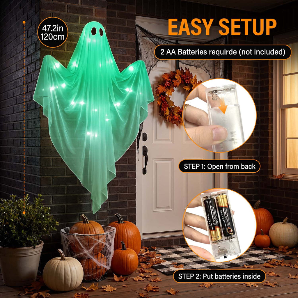 Ayieyill Halloween Ghost Decor with Warm White LED Light, 47” Light up Hanging Ghost Halloween Yard Porch Decorations Outdoor