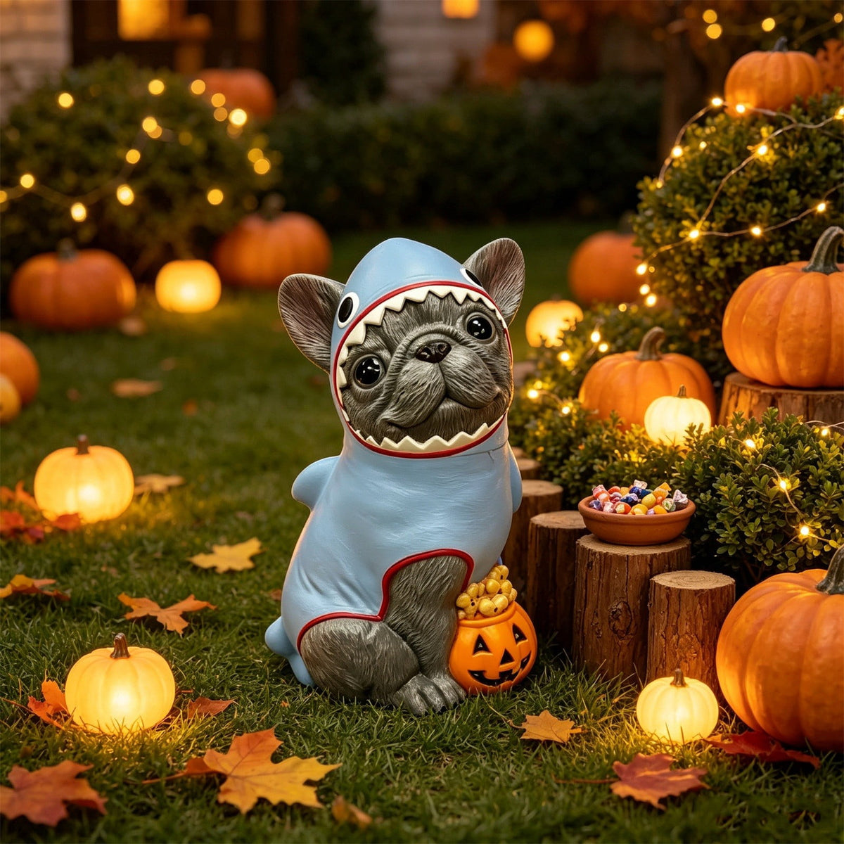 Lighted Scarecrow Bull Terrier Halloween Blow Mold, Cute Puppy Pumpkin Hat Halloween Decor, Resin Ornament for Patio Yard Tabletop Home Decoration, 8"