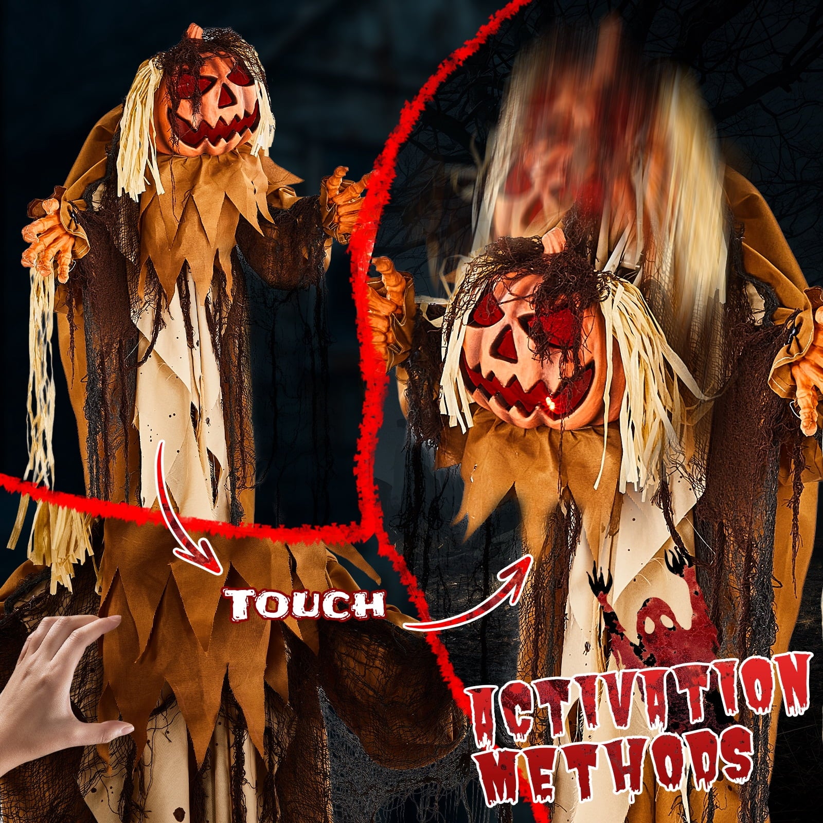Ktaxon 6ft Pumpkin Man Animated Animatronic Decoration Creepy Halloween w/ Classic Cape Creepy Cloaked Jack-o'-Lantern for Porch & Yard