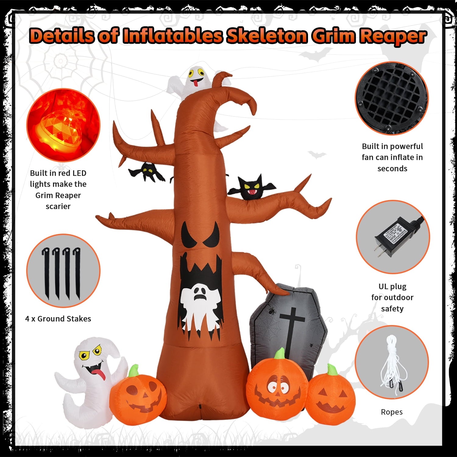Coolmade 8 ft Halloween Inflatable Dead Tree with Ghost Pumpkins Tombstone Bat Built‑in LED Lights Outdoor Yard Decor`