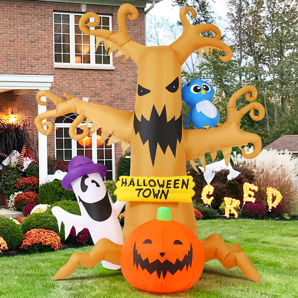 GOOSH Halloween Inflatables 8 FT Halloween Inflatable tree with Ghost Pumpkin and Owl, Halloween Dead Tree Decorations Scary Halloween Decorations with Built-in Lights for Halloween/Holiday/Party