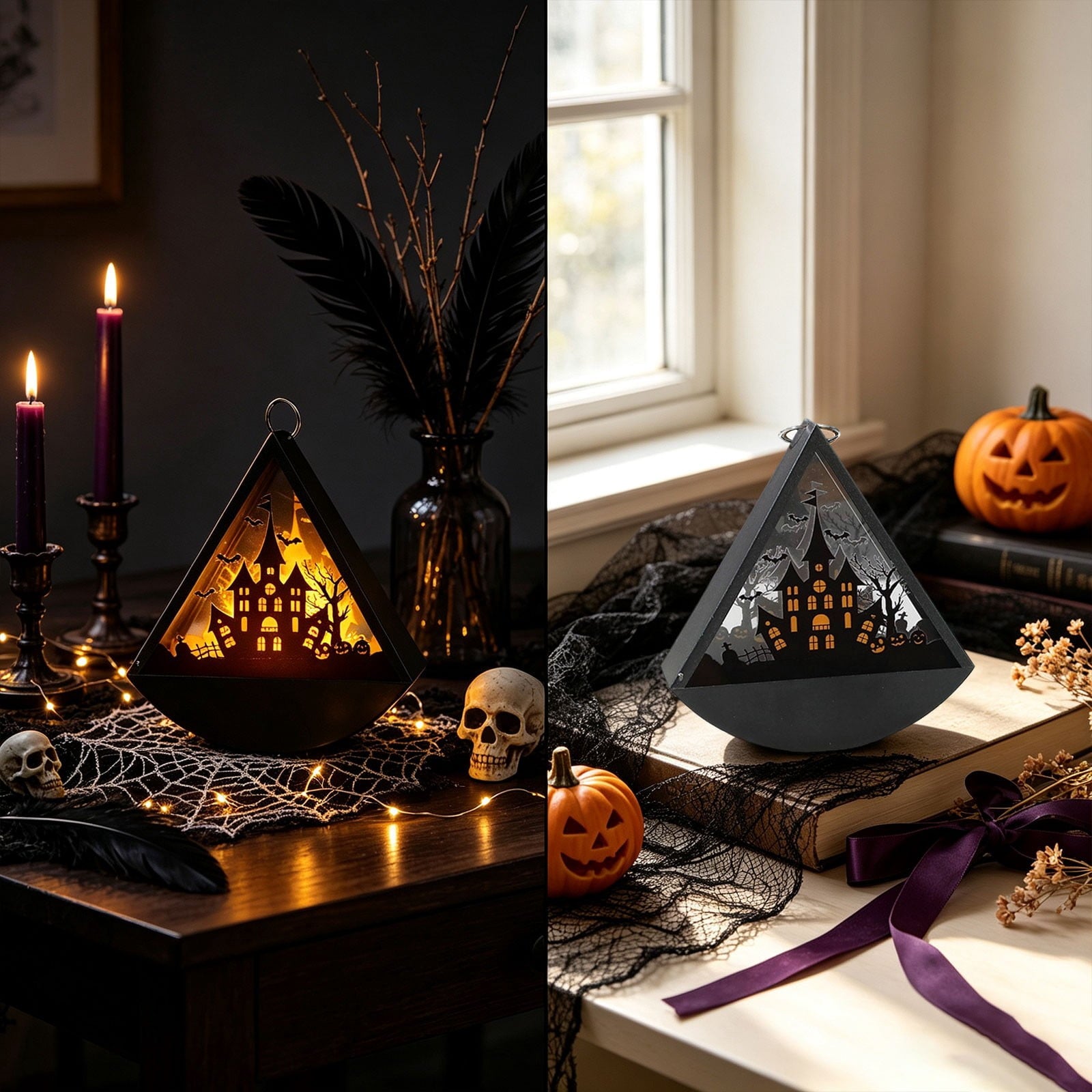 Cheapark Halloween Lanterns Decorations, Battery Operated Black Pumpkin Witch Lanterns, Flickering Light For Indoor Party Home Decor