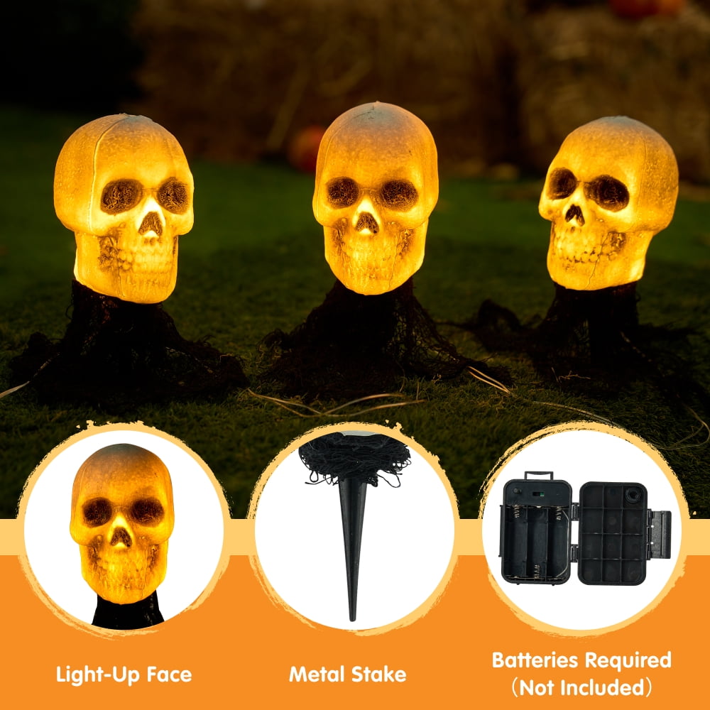 Joyfy 3 Pack Halloween Light up Skeleton Decorations Outdoor,Halloween Graveyard Spooky Skull Stakes Pathway Lights for Halloween Props Yard Decor