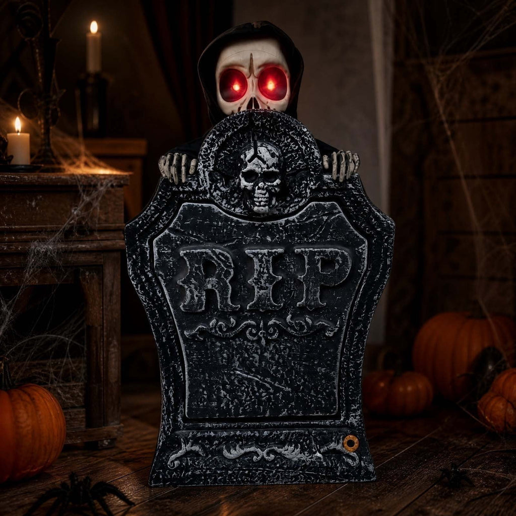 Roiihwy Halloween Animated Tombstone With Voice Activated Rising Skeleton And Pumpkin, A