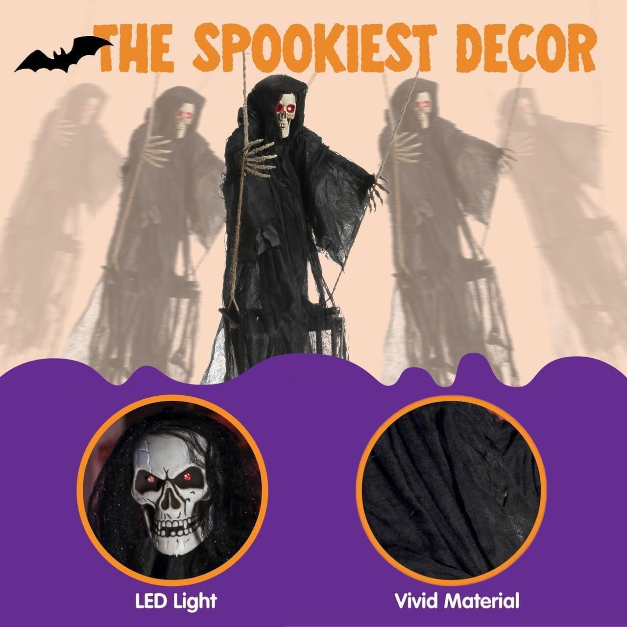 Joyfy 2 Packs Halloween Decorations Outdoor Hanging Swinging Skeleton Ghosts,3 ft Light Up Creepy Grim Reaper Decorations for Halloween Hanging Decorations Indoor Outdoor Yard