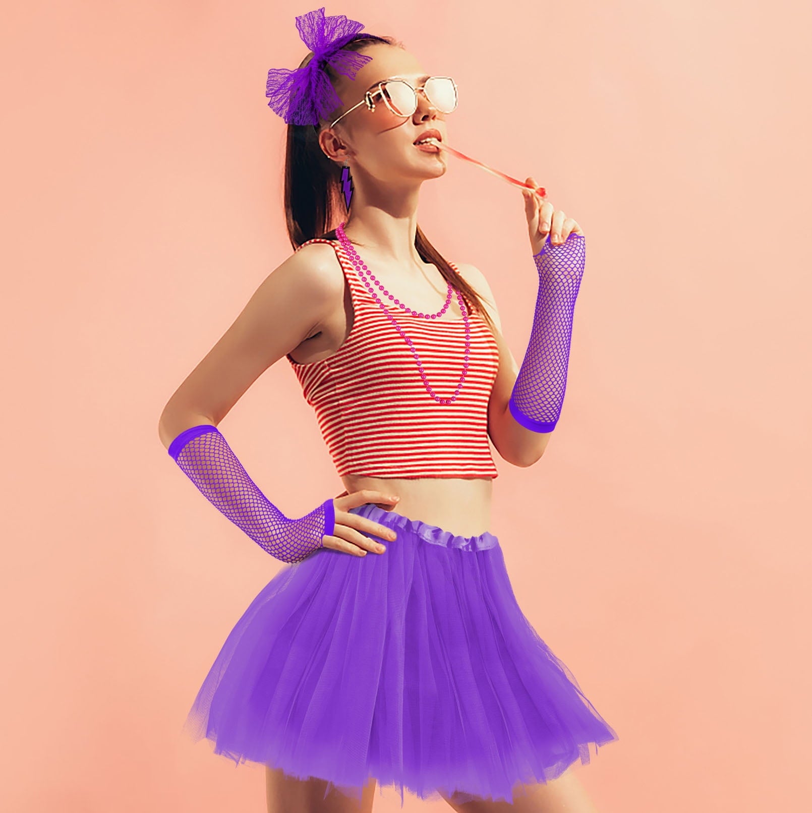Loritta 80s Costumes for Women Fancy Outfit Accessories Set with Fishnet Gloves Leg Warmers Tutu Skirts for Theme Party