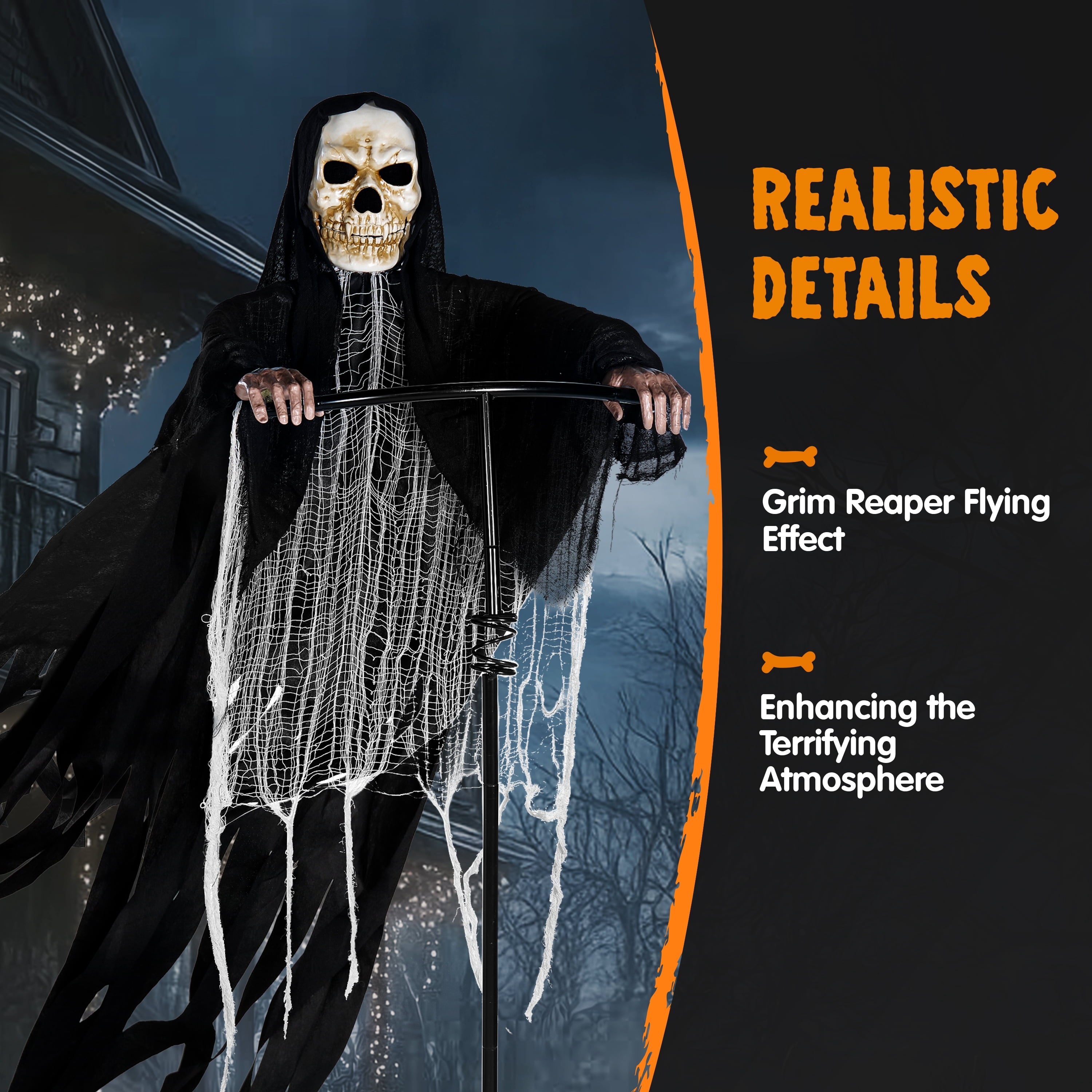 Joyfy 7.8 Ft(93.6 in) Halloween Grim Reaper Decorations Outdoor, Rotatable Flying Scream Scarecrow Skeleton Ghosts Decor for Graveyard Haunted House Props, Garden, Porch, Yard Lawn