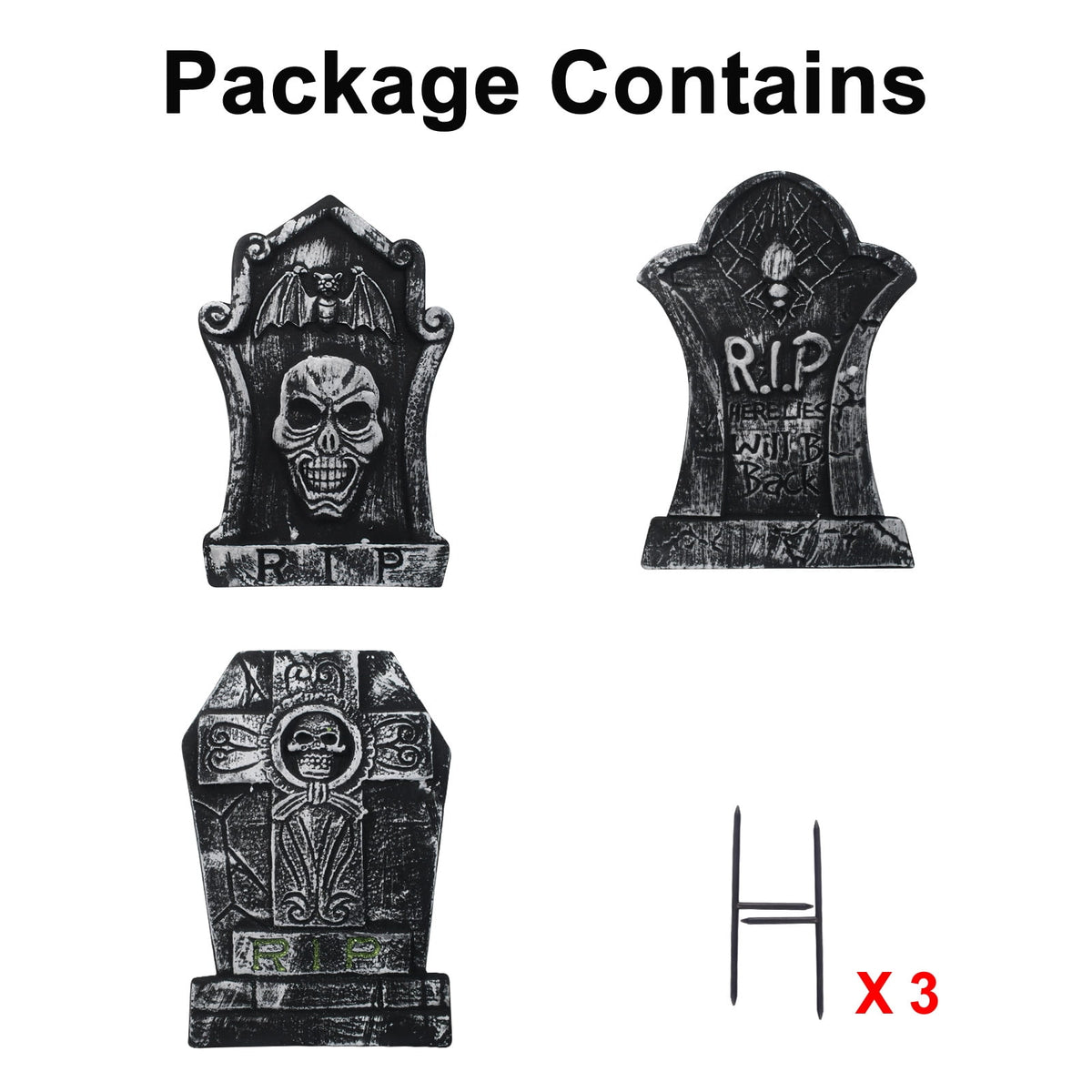 Gamexcel 3-Pack Large 17" Halloween Foam RIP Tombstones with Stakes - Graveyard Lawn Decorations for Spooky Haunted House Decor