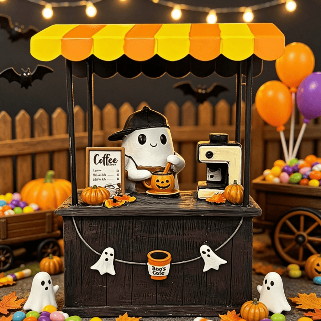 Halloween Spooky Coffee Stand, Ghost Barista Booth Figurine, Spooky Coffee Statue Built with Spooky Little Coffee Stand, Freshly Boo’d Coffee Ghost Fall Decor, Creative Birthday & Holiday Gift