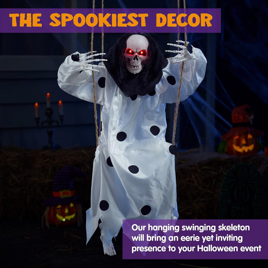 Joyfy 3 FT Halloween Hanging Swinging Skeleton,Light Up Creepy Grim Reaper with Black Hood Decorations for Halloween Hanging Decorations Indoor Outdoor Yard Home Decorations