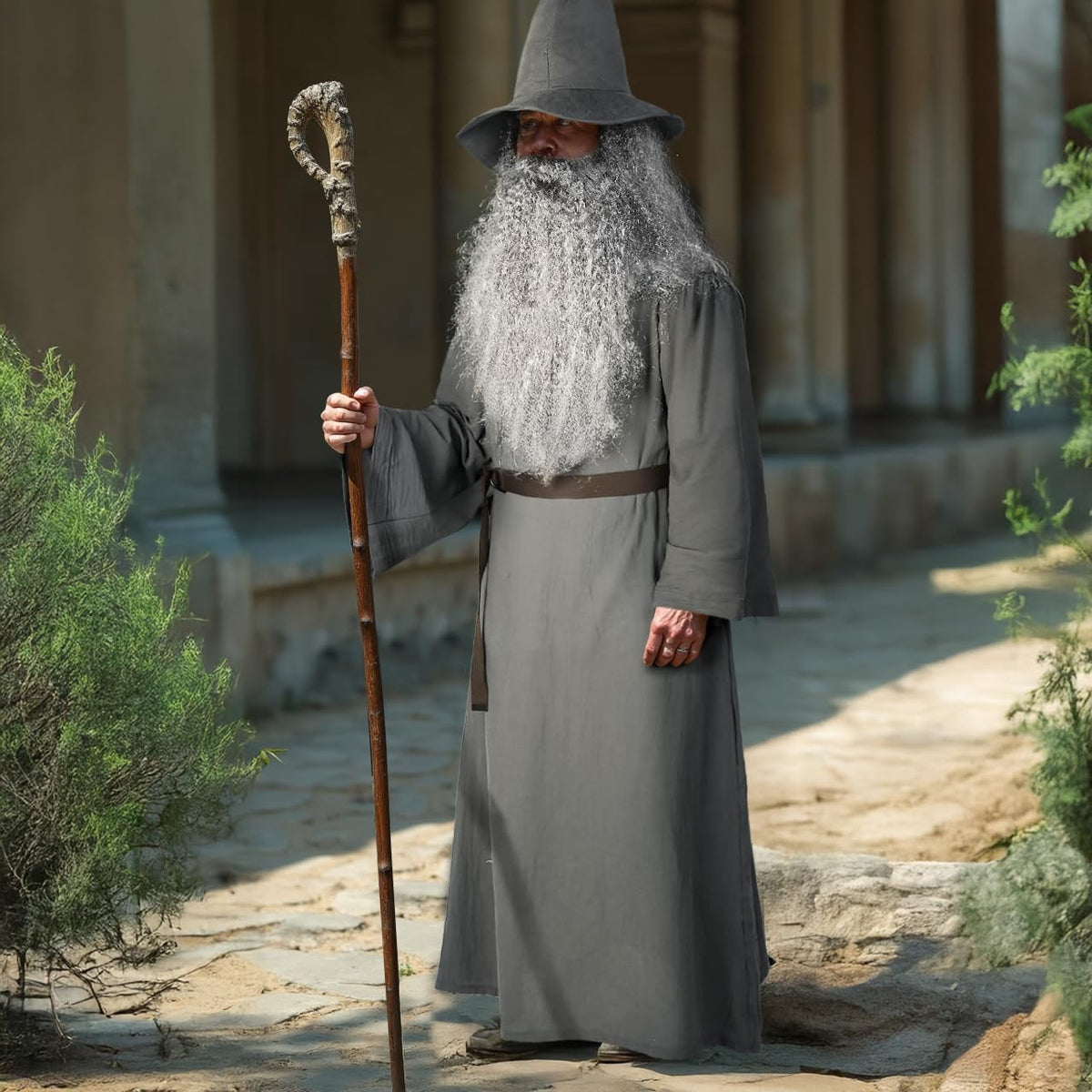Deluxe 5 Pcs Wizard Costume for Adults Grey Wizard Robe with Wizards Hat, Belt, Wig & Beard Halloween Costumes For Men