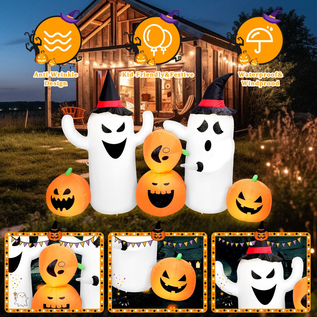 6 FT Halloween Inflatables Stacked Pumpkins Ghost with Build-in LEDs for Porch,Halloween Pumpkin Decor Blow up Yard Decorations