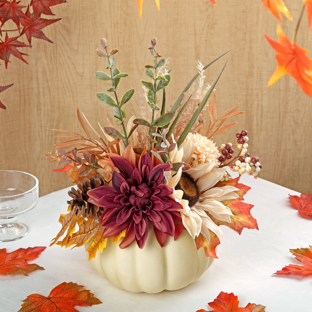 Briful 12.9"Artificial Pumpkin Floral Arrangement with Orange Sunflowers Leaves Fall Table Centerpiece for Harvest Autumn Décor