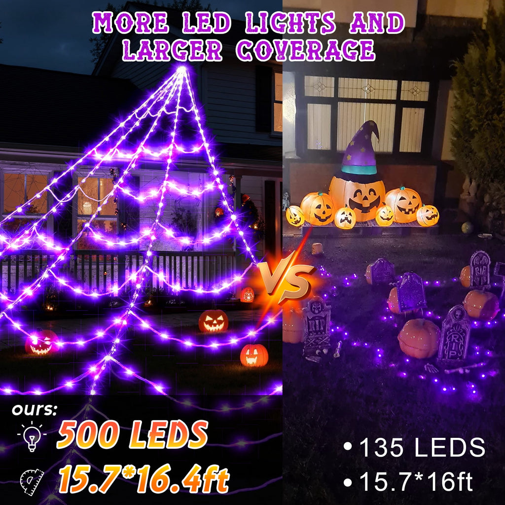 Scidweet Halloween Decorations Outdoor, 500 LED Halloween Giant Spider Web Lights for Garden Yard Porch Home Decor, Purple Orange