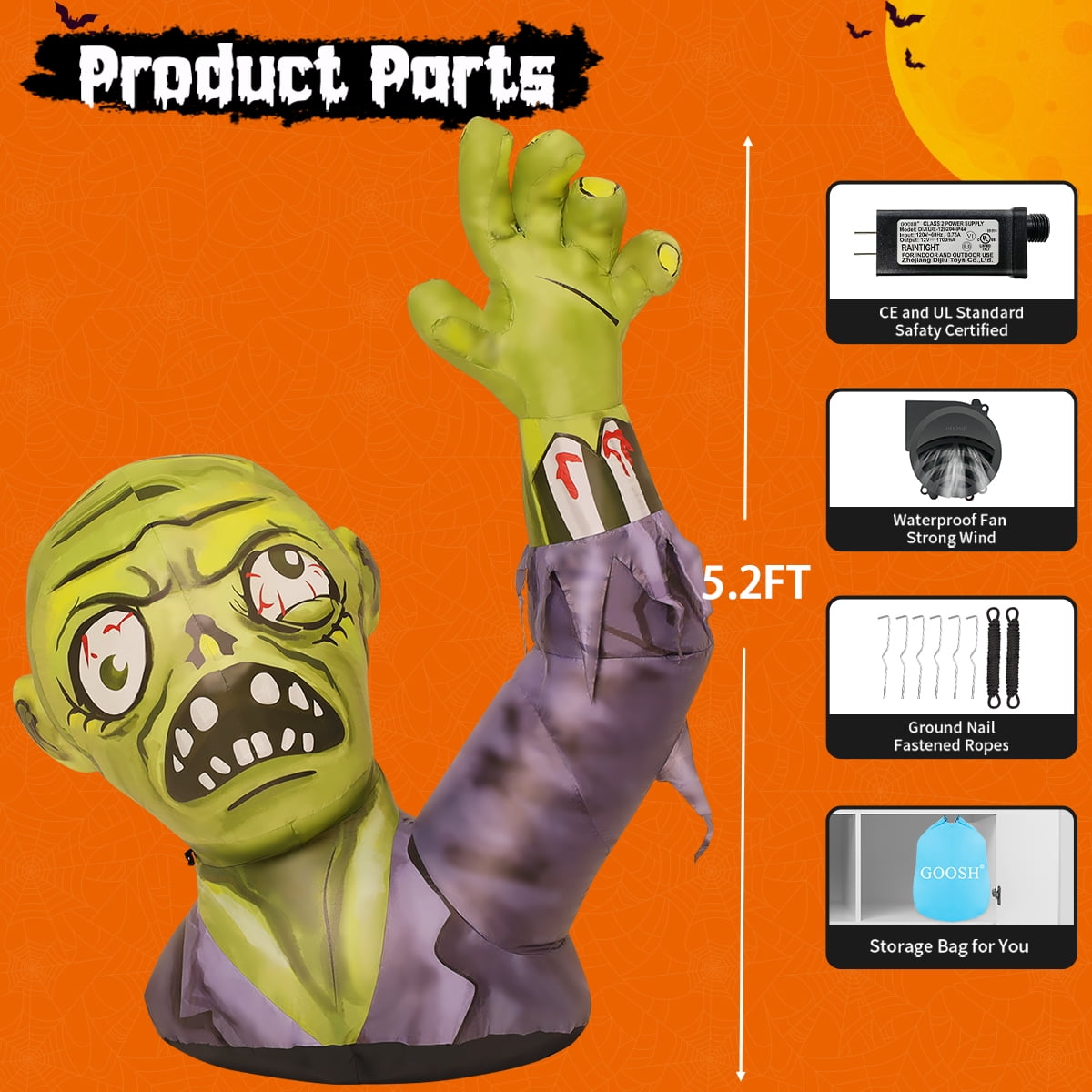 GOOSH Halloween Inflatable 5 FT Zombie Inflatable Shaking Hands, Zombie Inflatable Halloween Decorations Scary Halloween Blow Ups with LED Lights, Halloween Inflatables Clearance for Holiday/Party