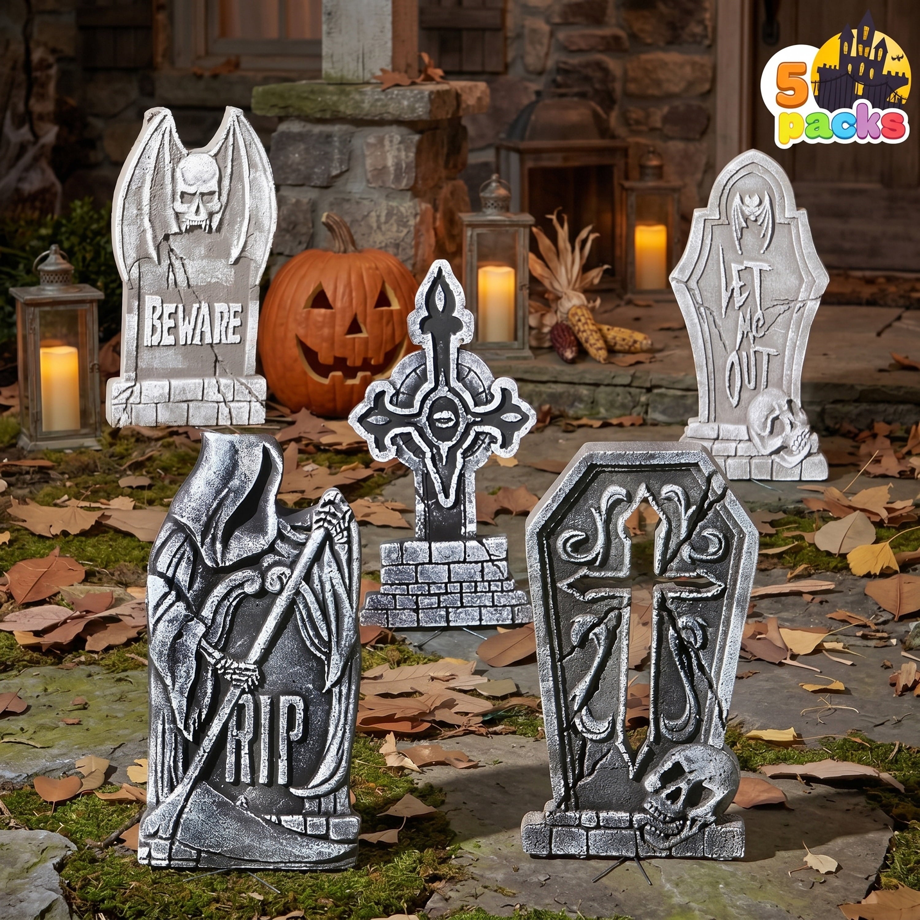 Joyfy 17" Halloween 5 Pack Tombstone Decorations, Foam RIP Graveyard Signs Cemetery Headstones Scary Outdoor Indoor Halloween Decor with 12 Metal Stakes for Easy Set Up, Waterproof for Garden Lawn
