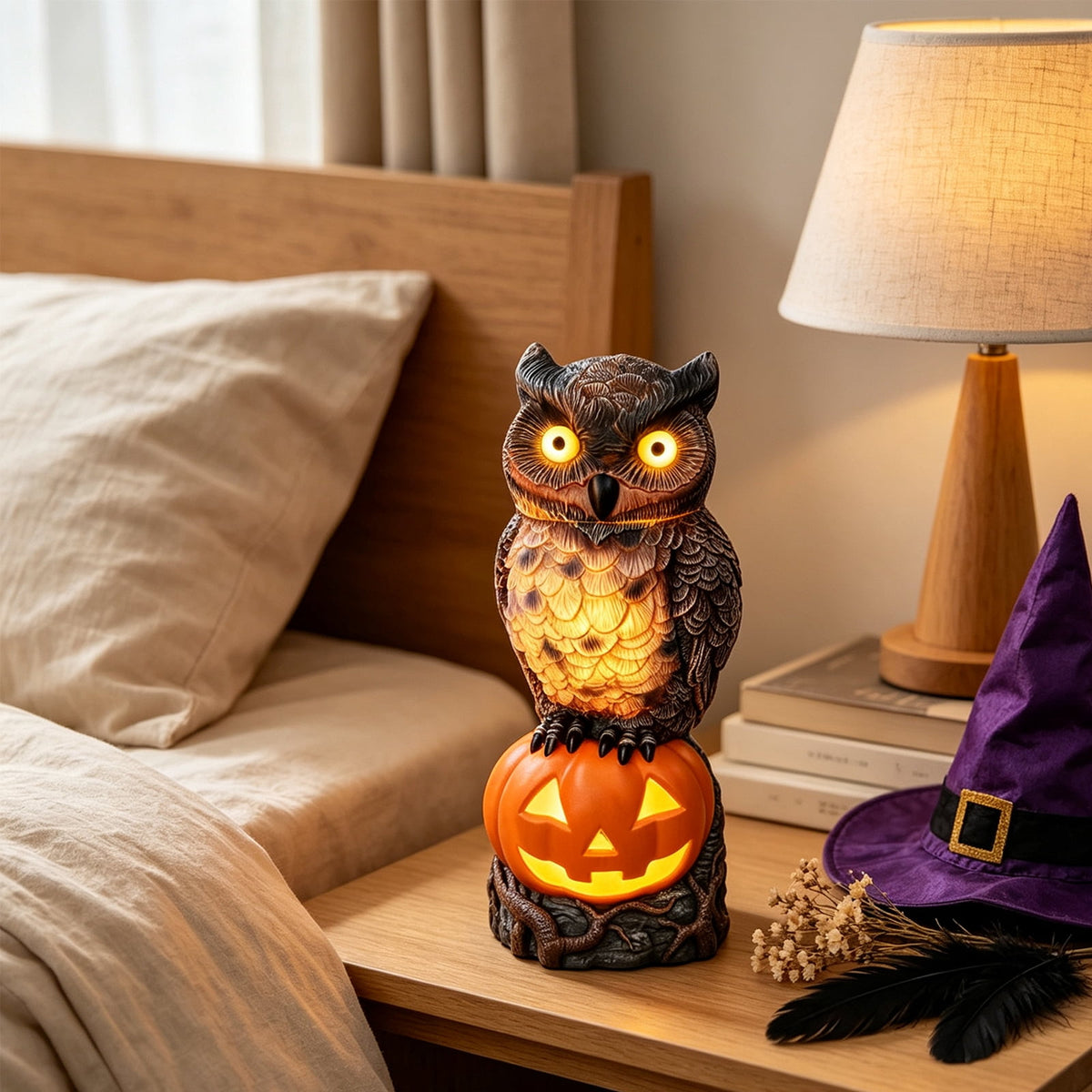 Halloween Dog Greeter - Frenchie 7.9in Resin Witch Dog with Light-Up Pumpkin, Spooky Fall Decor, Indoor Outdoor Tabletop Decoration