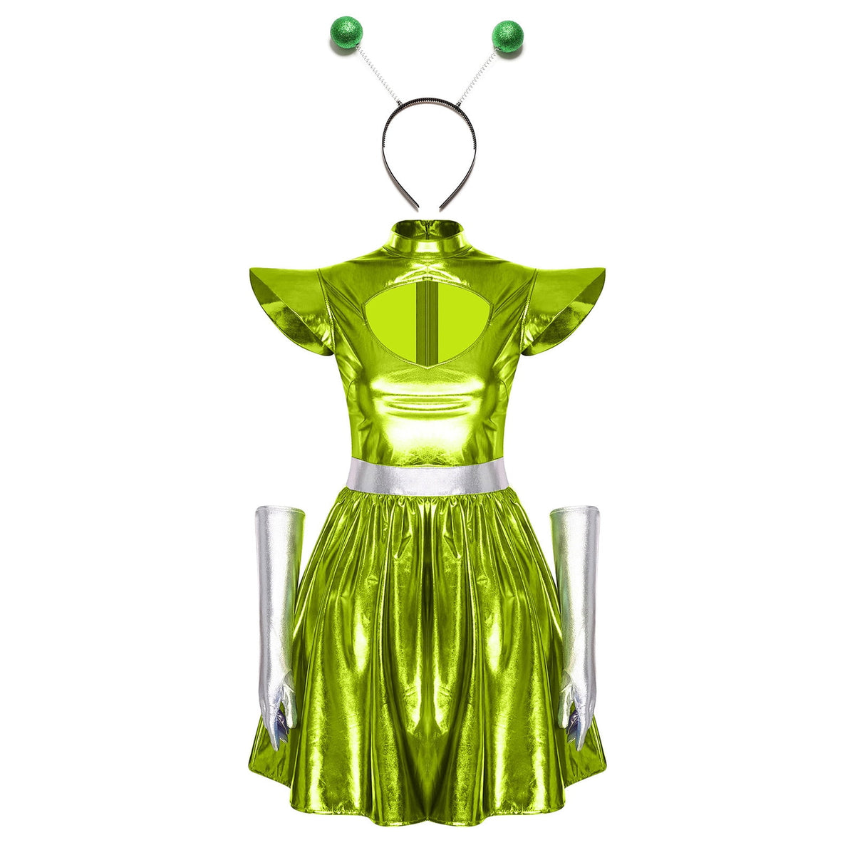 Aislor Womens Outer Space Alien Dress with Gloves Headband Halloween Space Cadet Rave Outfit Blue 3XL