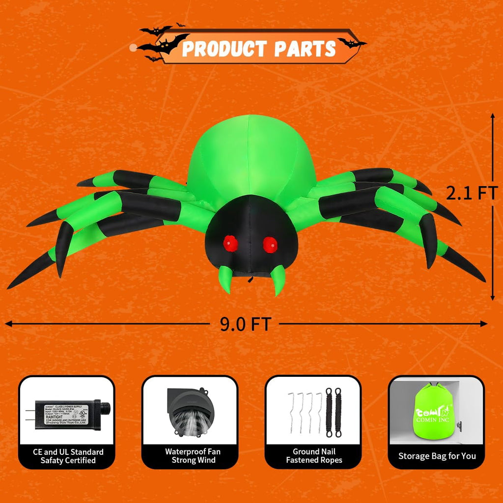 COMIN Halloween Inflatables 9 FT Width Spider Blow Up Yard Decoration with Built-in LED for Yard Garden Party Lawn