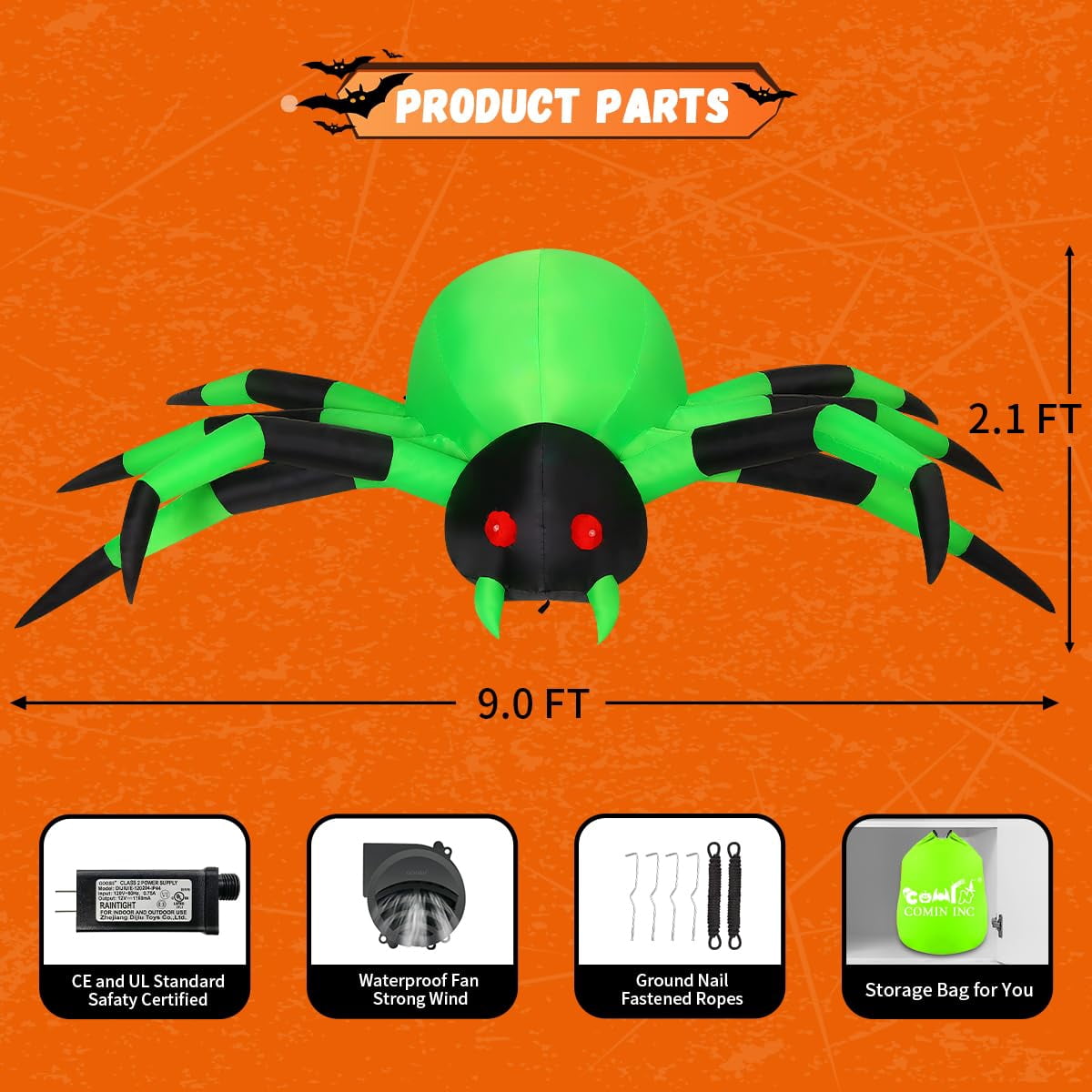 COMIN Halloween Inflatables 9 FT Width Spider Blow Up Yard Decoration with Built-in LED for Yard Garden Party Lawn