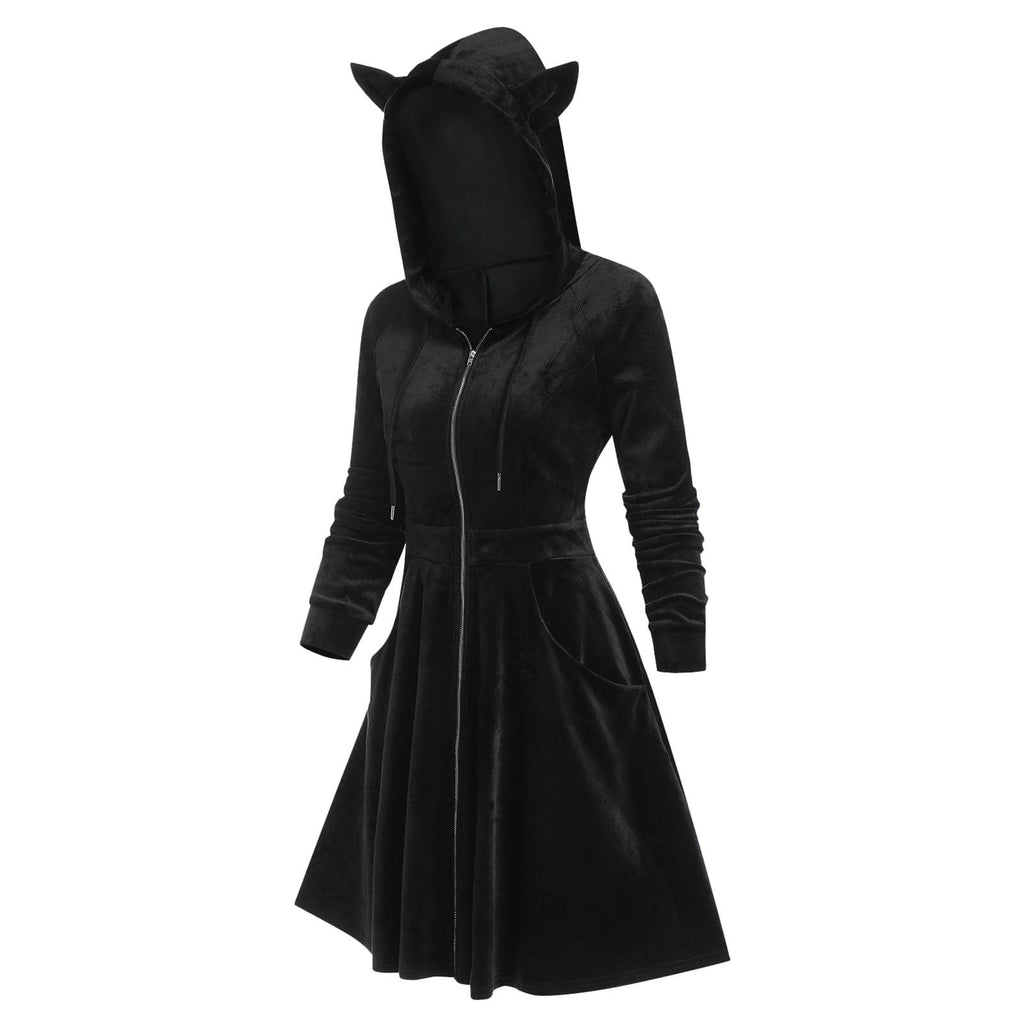 QATAINLAV Womens Gothic Hoodies Dress Fall Winter Long Sleeve Velvet Sweatshirts Cute Cat Ear Hooded Zip up Dresses with Pockets, Wine, M