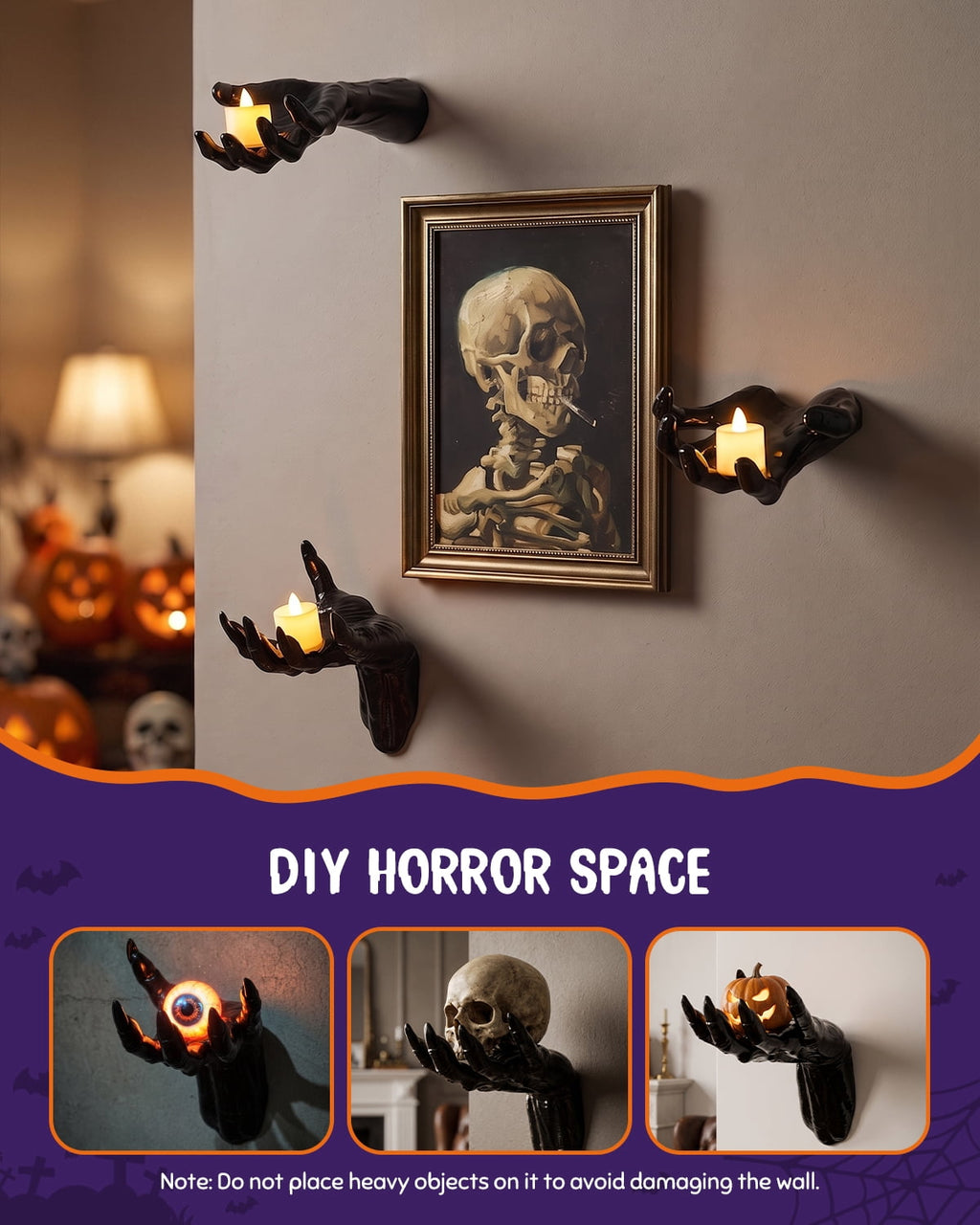 Yinghao Halloween Decoration 3 pack Black Ghost Hands Decor with LED Candle, Life-sized Gothic Design, Screw and Adhesive install, 3 Flameless Candle