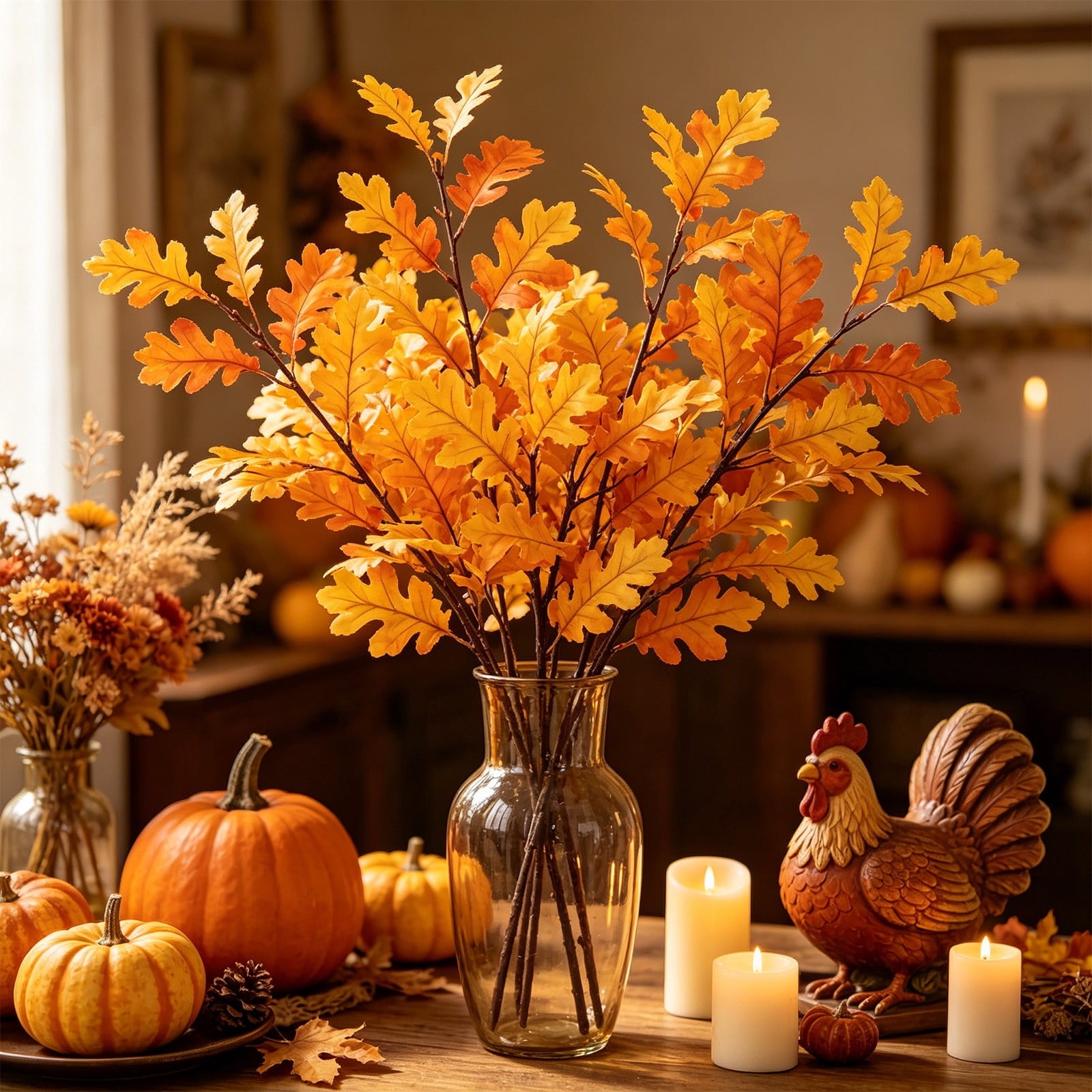 SCNOR Artificial Fall Oak Leaves 2-Pack, Faux Autumn Stems for Vase, Thanksgiving Halloween Table Decor