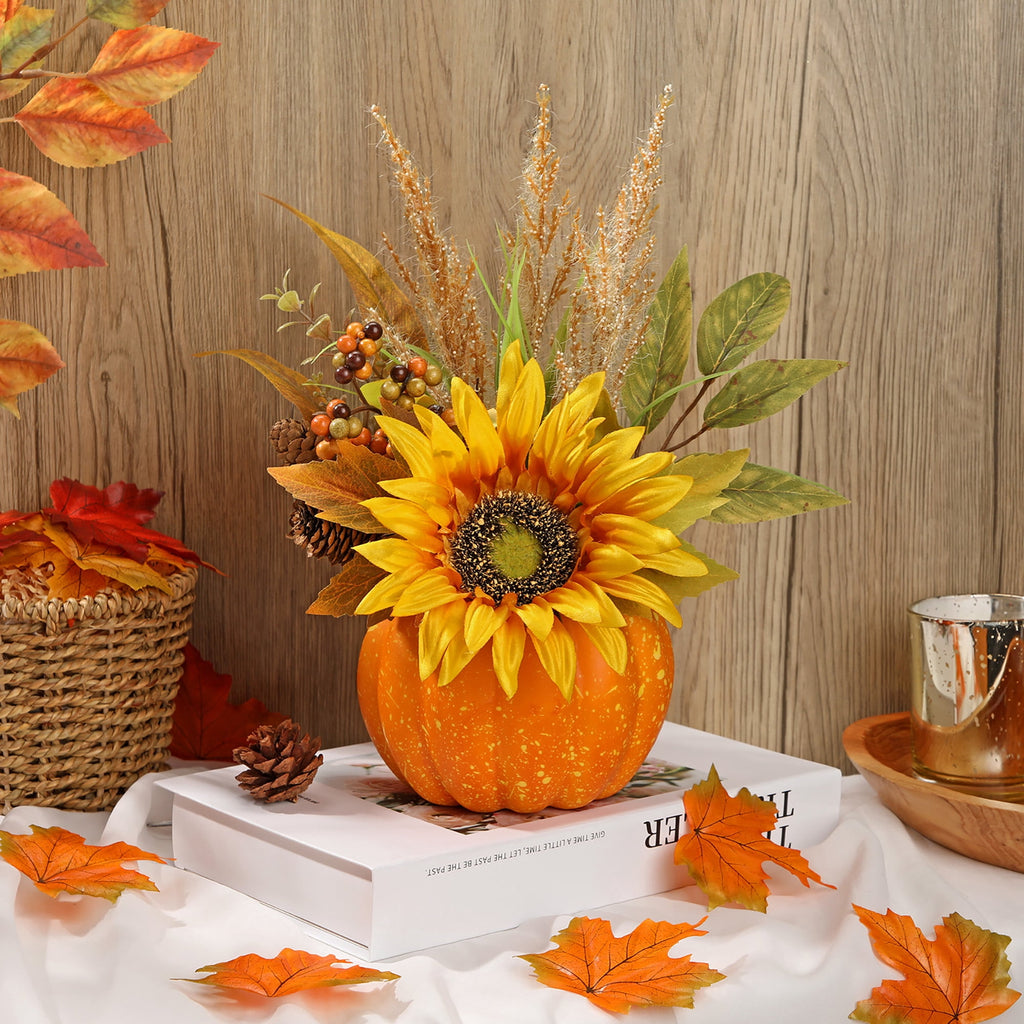 Briful 12.9"Artificial Pumpkin Floral Arrangement with Orange Sunflowers Leaves Fall Table Centerpiece for Harvest Autumn Décor