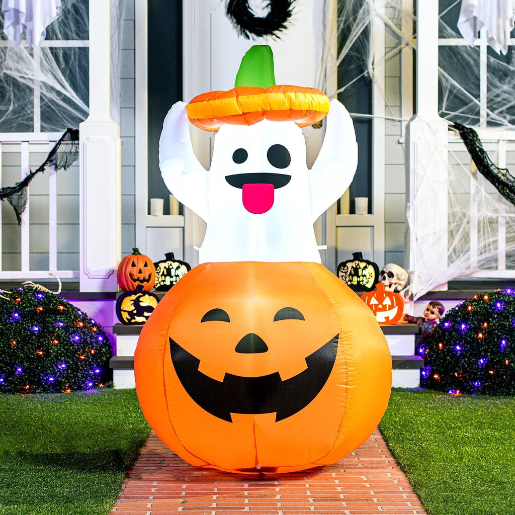 Joyfy 5ft Halloween Inflatables Light up Cute Ghost,Blow Up Ghost Lift Pumpkin Candy Bag with Build-in LEDs for Yard Decorations