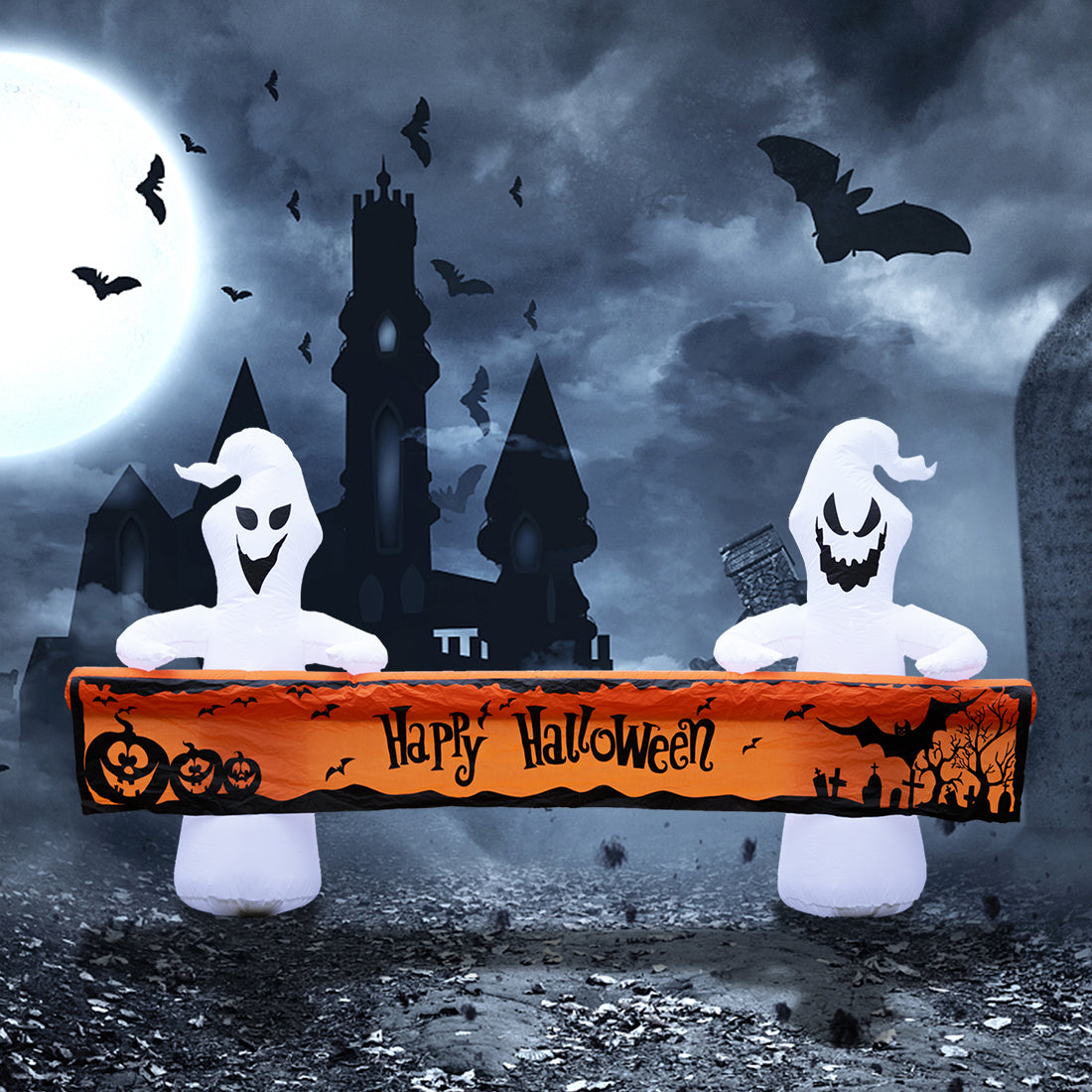 Large Hallowee Inflatable-8FT White Ghosts with Orange Banner Print “Happy Halloween” LED Lights Outdoor Halloween Decorations Blow Up Decoration for Halloween Party, Yard, Garden, Lawn