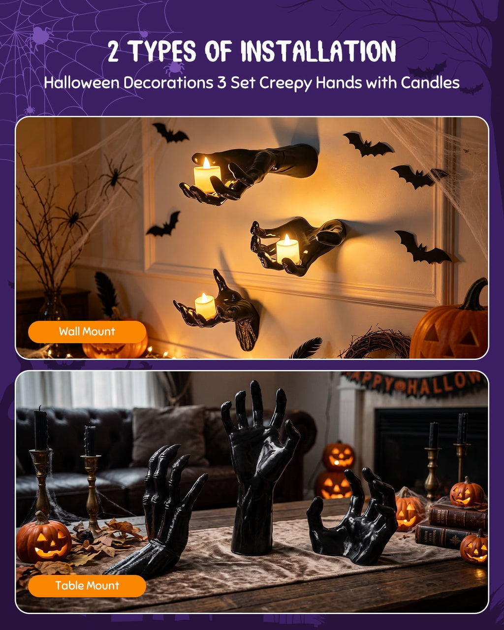 Yinghao Halloween Decoration 3 pack Black Ghost Hands Decor with LED Candle, Life-sized Gothic Design, Screw and Adhesive install, 3 Flameless Candle