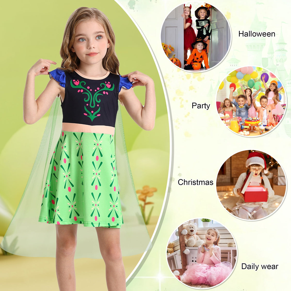Benylion Girls Ice Princess Dress Halloween Cosplay Costumes With Tulle Cape Kids Birthday Party Dress up Outfit for 7-8 Years