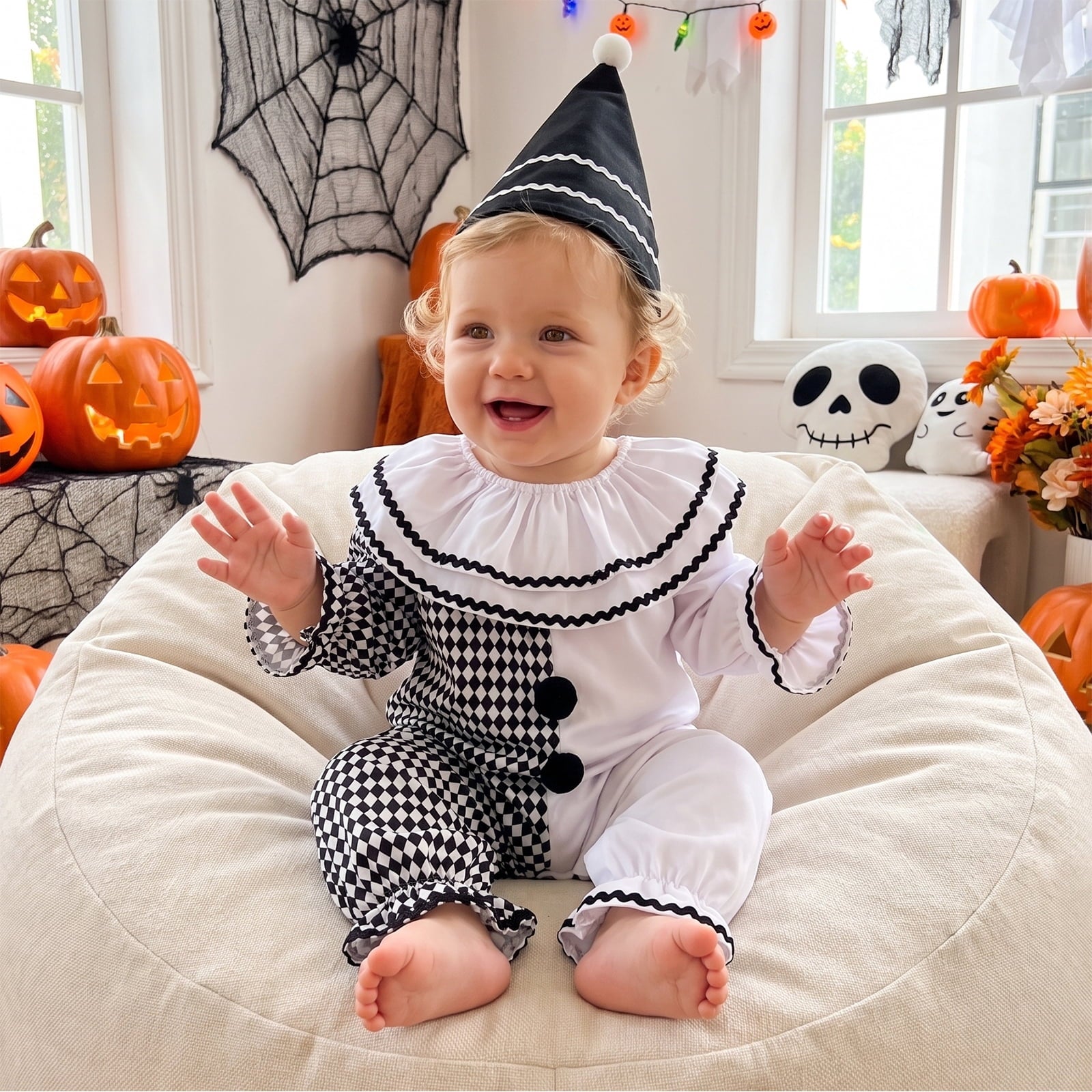 RUINIXCW Kids Toddler Baby Girl Boy Halloween Outfit Clown Costume Infant Baby Girl Boy Romper Birthday Photoshoot Outfit Contrast Color Long Sleeve Jumpsuit Hat