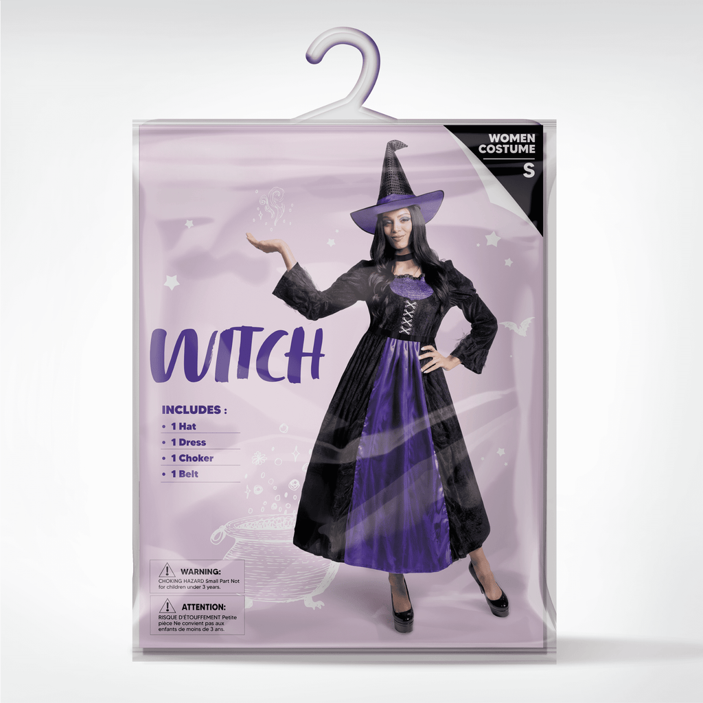 Joyfy Witch Costume for Women, Starry Witch Dress with Belt Hat for Adult Halloween Party Cosplay Dress up