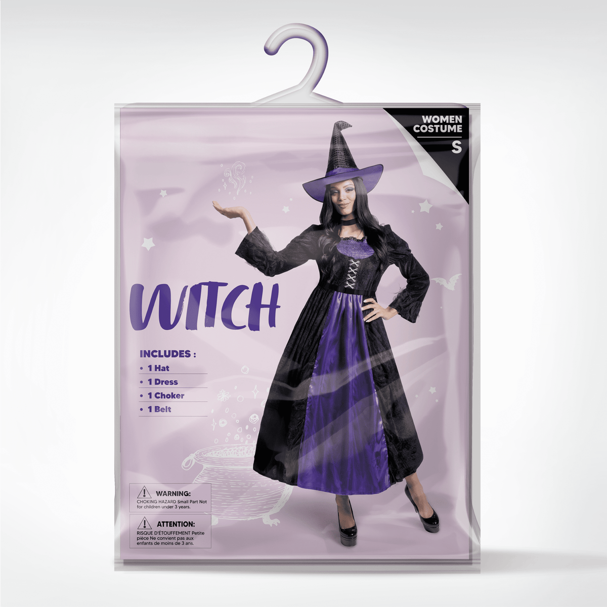 Joyfy Witch Costume for Women, Starry Witch Dress with Belt Hat for Adult Halloween Party Cosplay Dress up