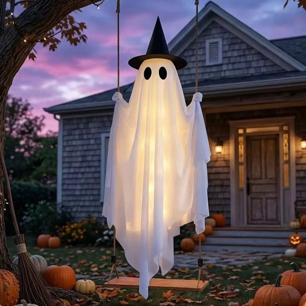 Cloth Hanging Swing Ghost Halloween Outdoor Decor,Remote Controlled LED Lighted Floating Ghost Ornament With 8 Lighting Modes For Porch Tree Yard Seasonal Holiday Display,Total Length 120.4 in.A