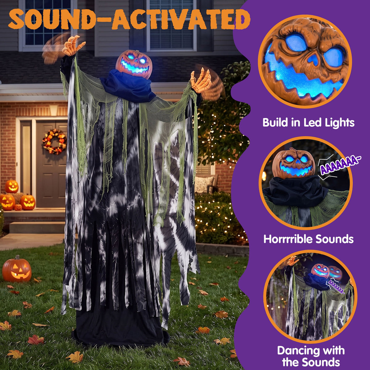 Joyfy 67" Standing Grim Reaper with Chain, Large Halloween Decorations Outdoor, Life Size Animatronics Skelton, Sound-Actived Party Decor with Creepy Sound & LED Eyes, Scary Haunted House Props