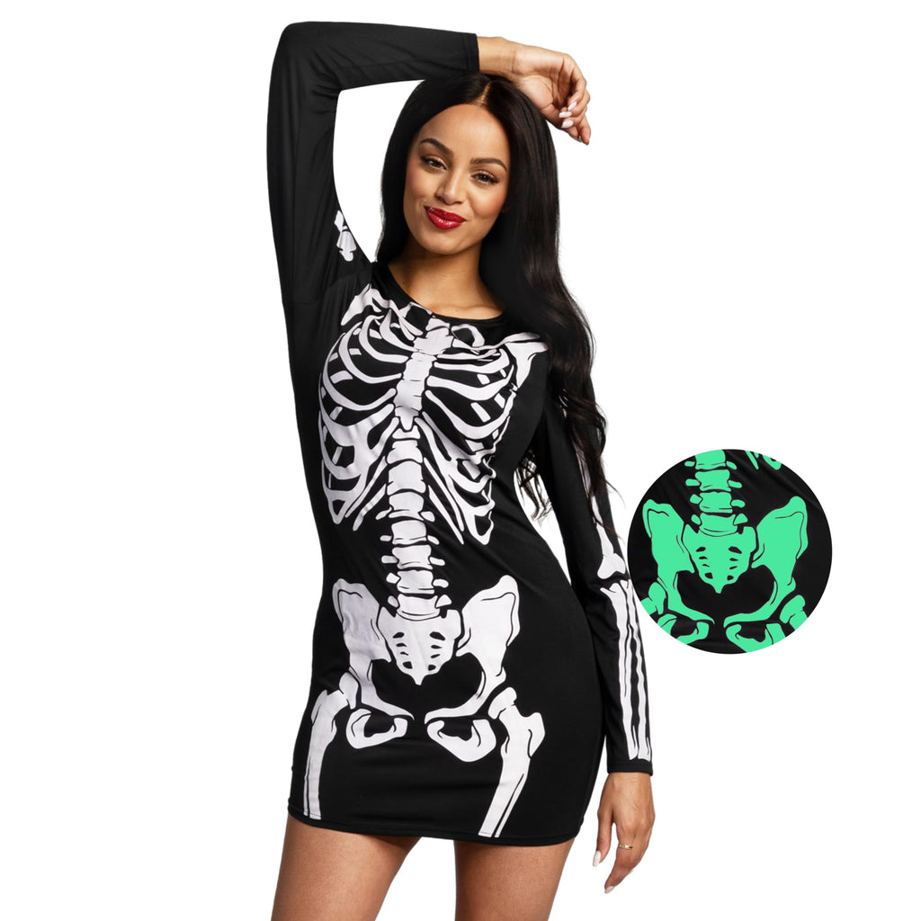 Joyfy Glow in the Dark Skeleton Costume for Adults Women Halloween Dress Up Party Role Playing Cosplay