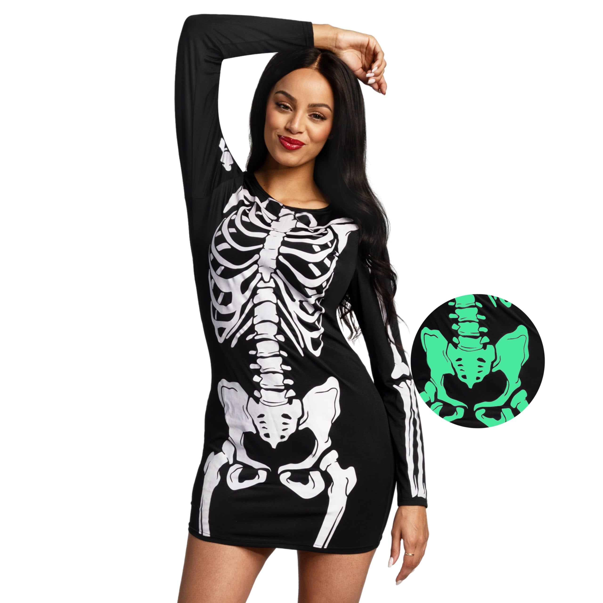 Joyfy Glow in the Dark Skeleton Costume for Adults Women Halloween Dress Up Party Role Playing Cosplay
