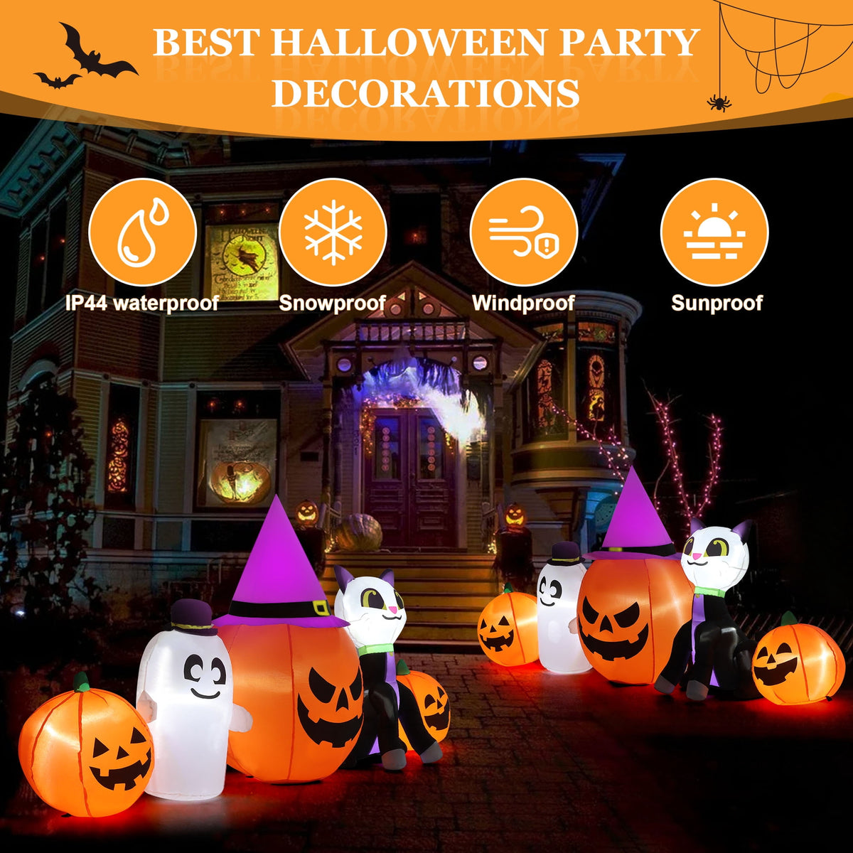 Yexmas 8ft Halloween Inflatable Pumpkins Outdoor Decor with Black Cat and Spectre,Built-in LED Lights,for Halloween Party,Yard,Garden,Lawn
