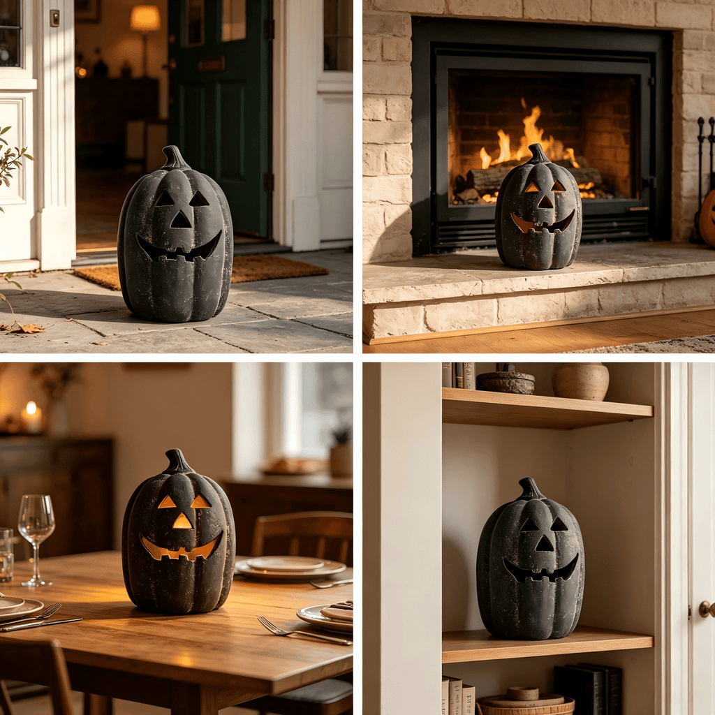 Halloween Decorations - 9.8" Black Handmade Resin Jack O Lantern Pumpkin Fall Decor, Indoor Outside Gothic Festival House Centerpiece Decoration for Table Garden Living Room Mantel