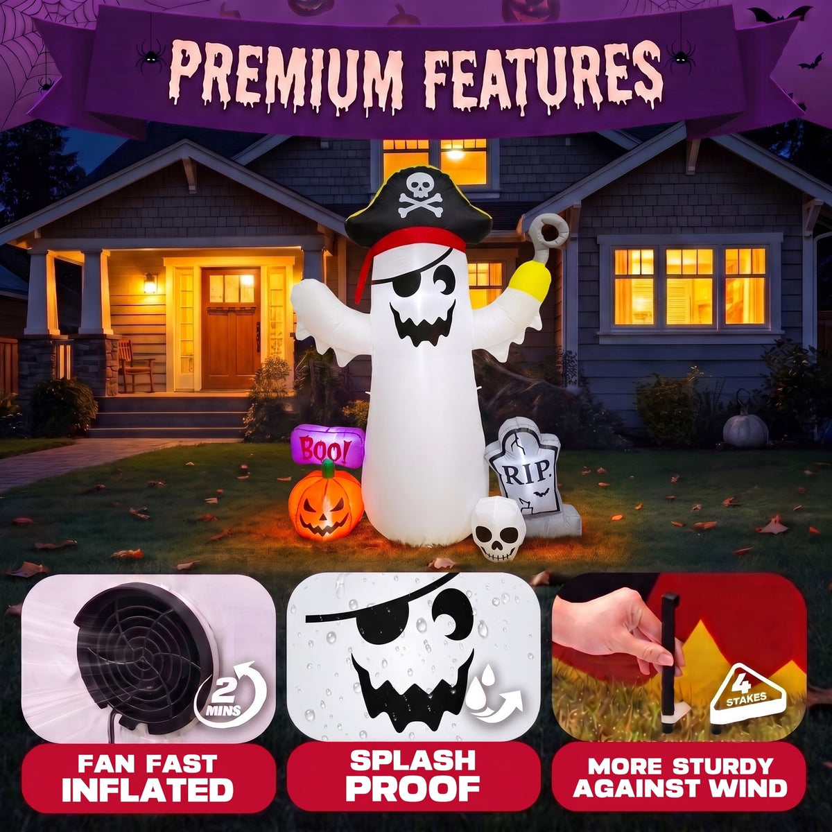 Glazina 7 FT Halloween Inflatable Ghost Signpost with Skull Spider, Built-In LED Lights, Outdoor Halloween Blow Up Yard Decoration
