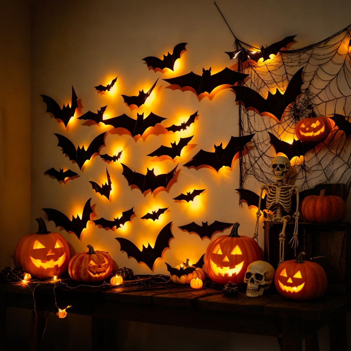 DUHKP 36 Pack Light Up Bats Halloween Decorations, Orange | 3D Stereoscopic Design, Removable Bat Wall Stickers, for Indoor Outdoor Windows & Home Parties