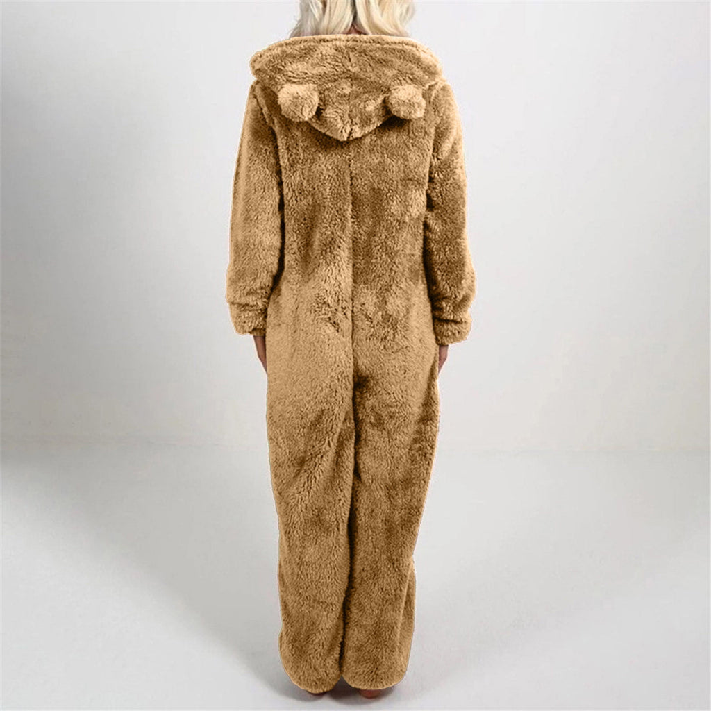 QATAINLAV Sherpa Fleece Jumpsuit for Women Winter Warm Fuzzy Onesie Pajamas Cute Cat Hooded Romper Casual Zip Up Overalls Sleepwear Black XL