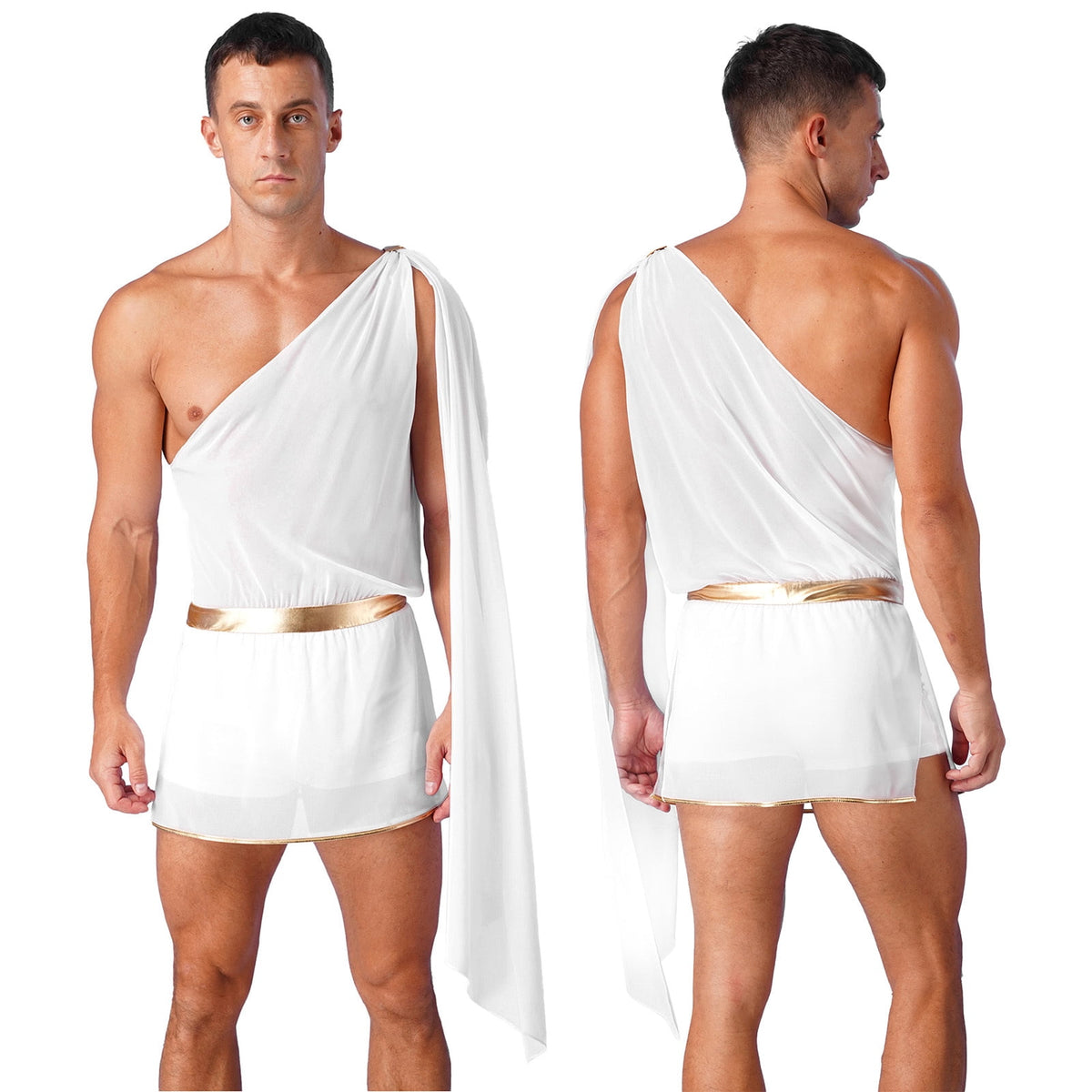 iiniim Adult Mens Halloween Cosplay Short Toga Ancient Roman Greek God Costume Jumpsuit with Slit Skirt A White S
