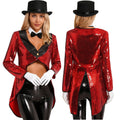 iiniim Women Magician Cosplay Sequin Tailcoat Circus Showman One-Button Tuxedo Jacket Outfits Red M