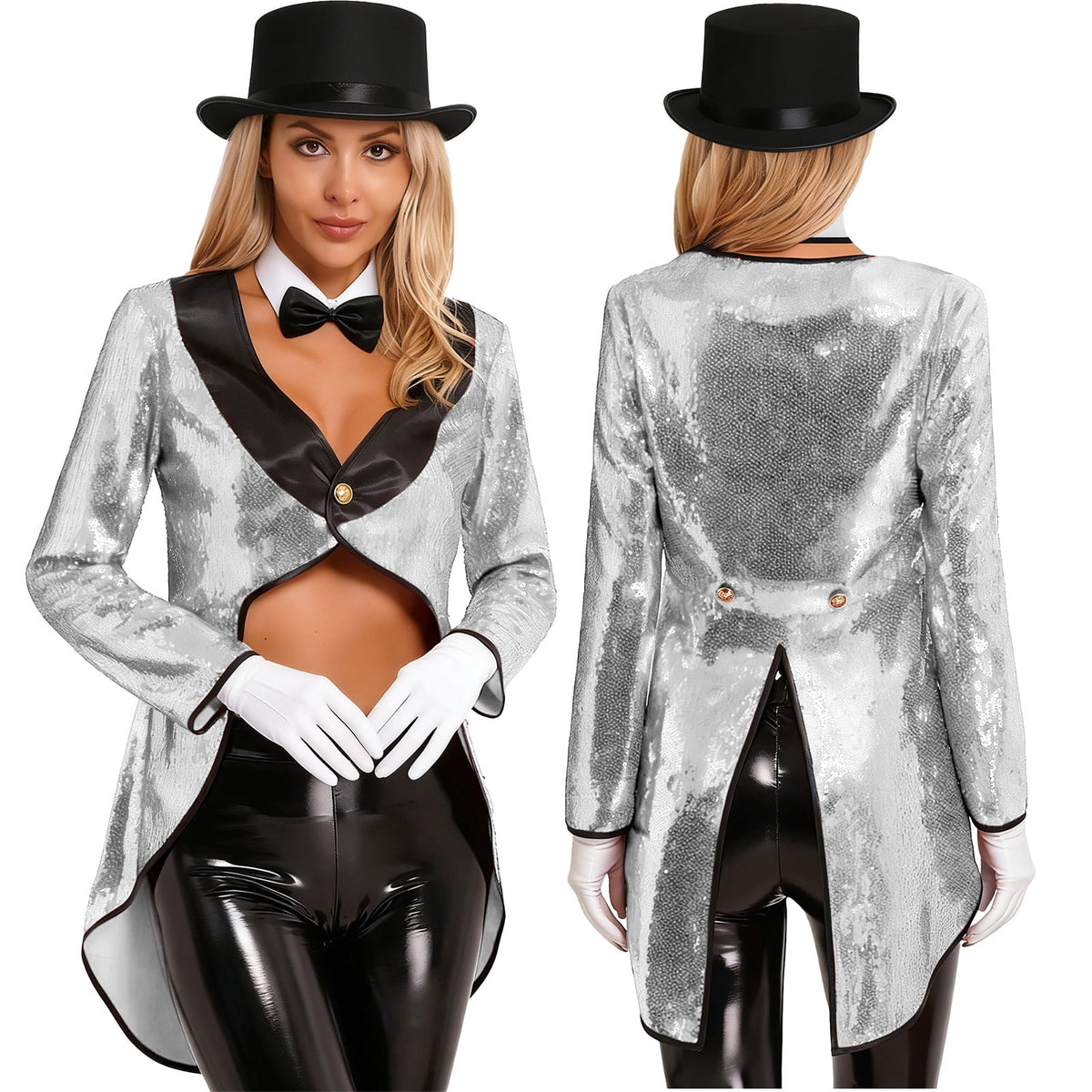 iiniim Women Magician Cosplay Sequin Tailcoat Circus Showman One-Button Tuxedo Jacket Outfits Red M