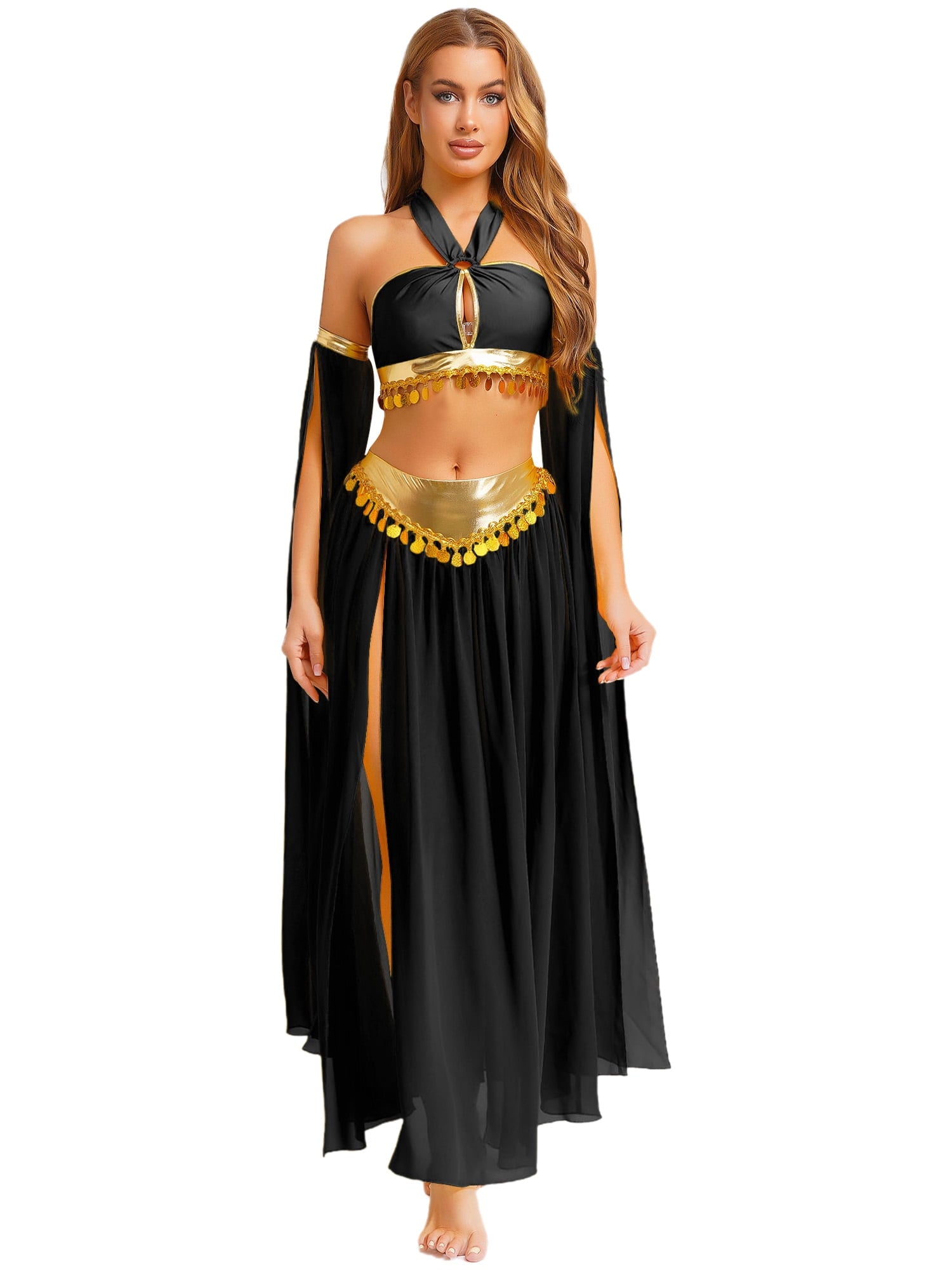 iiniim Women Belly Dance Dress Arabian Greek Princess Halloween Costume Chiffon Skirts 4piece Outfit Green L