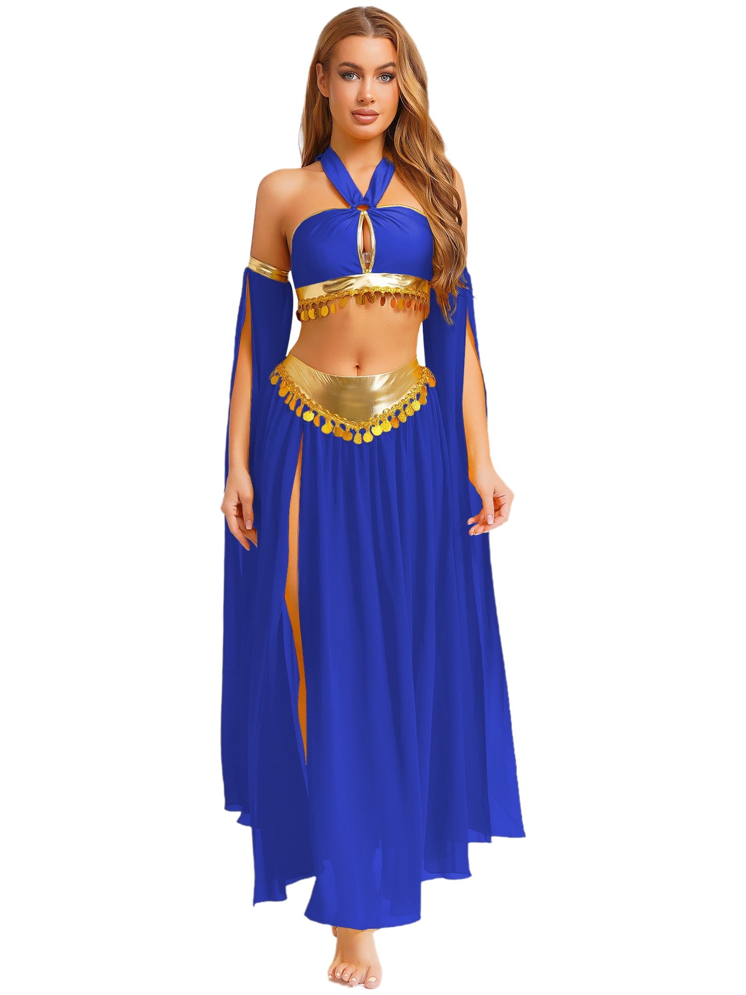 iiniim Women Belly Dance Dress Arabian Greek Princess Halloween Costume Chiffon Skirts 4piece Outfit Green L